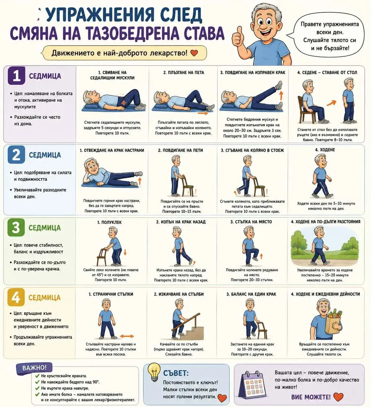 упражнения след смяна на тазобедрена става